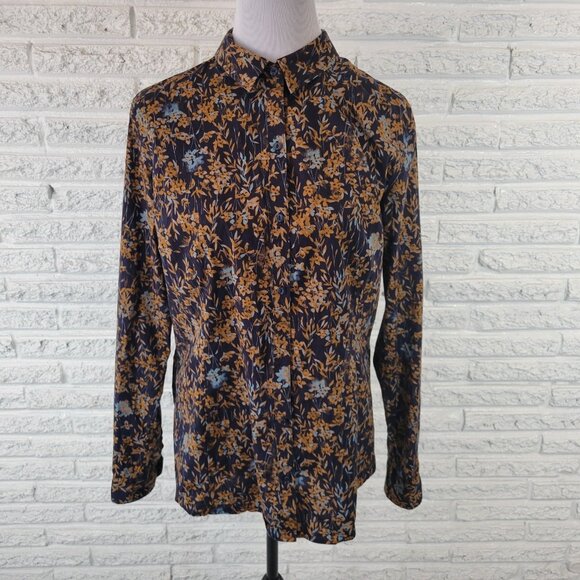 Eddie Bauer Womens Top TXL Tall Extra Large Button Up Blue Floral FLO11E - Picture 1 of 10